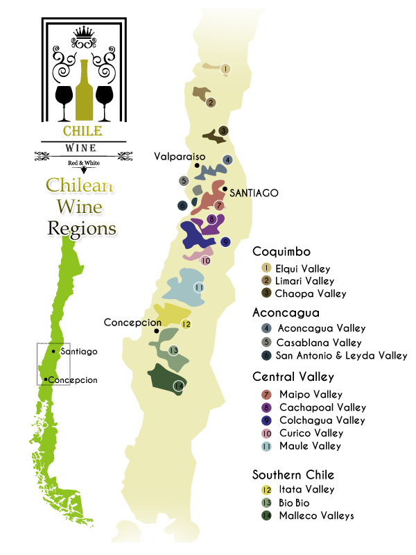 チリのワインベルト地図